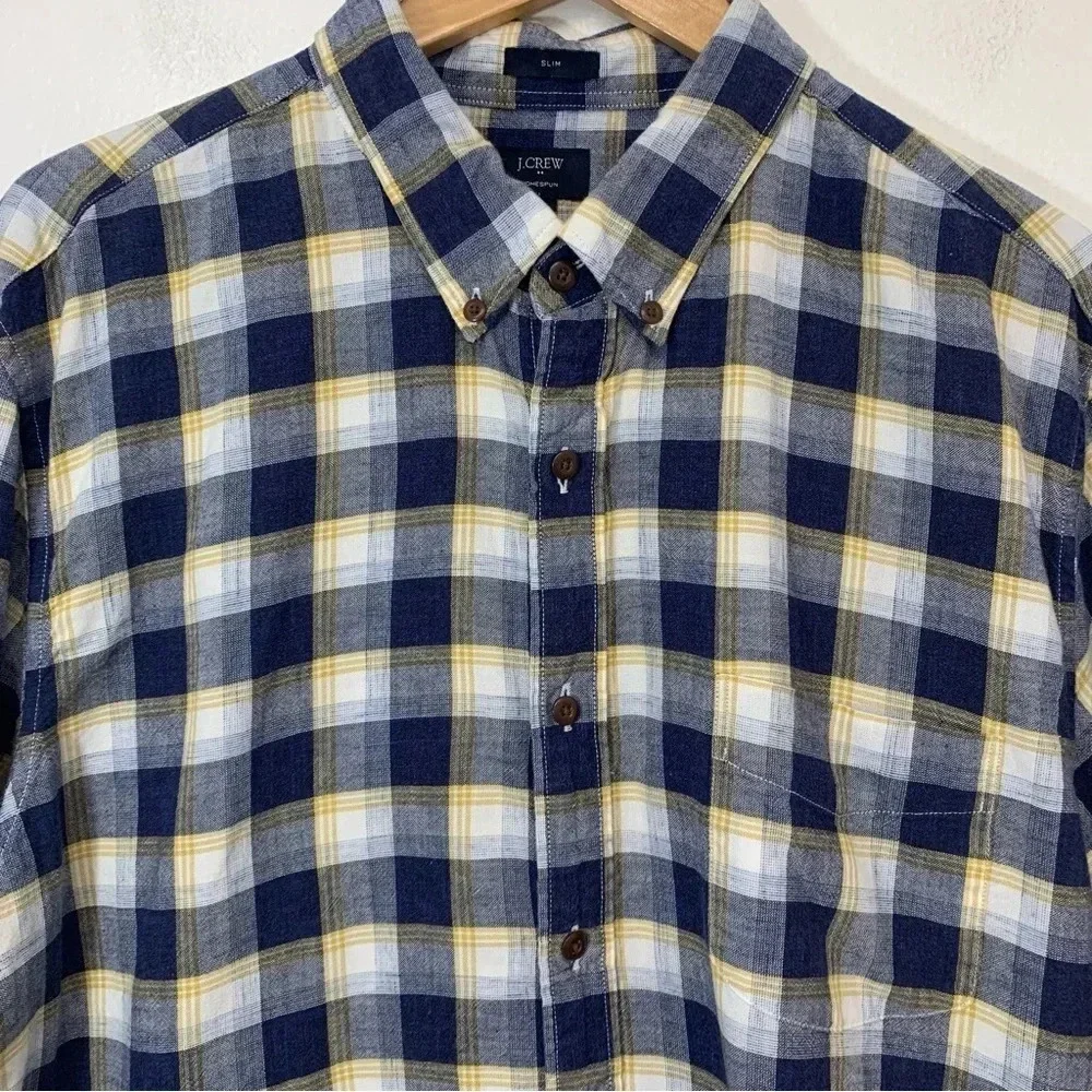 J Crew Shirt Men XL Slim Blue Plaid Homespun Cotton Long Sleeve Casual Workwear